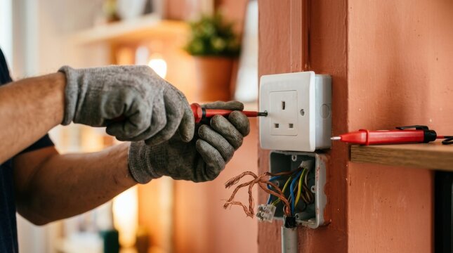 Handyman tightening an electrical outlet plate with insulated screwdriver, copper wiring and voltage tester visible, apartment repair