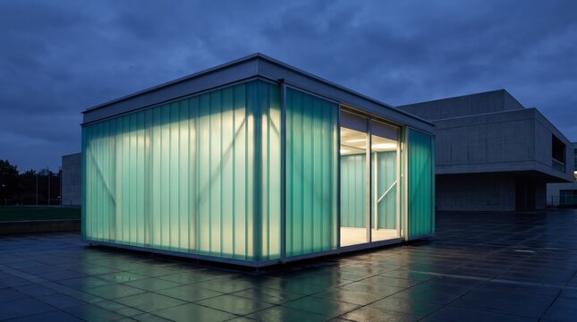 Illuminated translucent glass pavilion glowing at dusk on empty plaza as symbol of quiet refuge