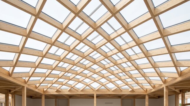 Timber lattice skylight roof forming geometric pattern in modern architecture as symbol of structure