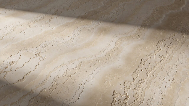 Eine hochwertige Nahaufnahme von nat&uuml;rlichem Travertin mit sichtbaren Poren, mineralischen Strukturen und warmen Beige- und Sandt&ouml;nen. Das Motiv eignet sich als Architektur-, Interior- und Hintergrund