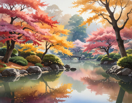 紅葉した木々が水面に映り込む穏やかな日本庭園の風景を描いた水彩画風の秋の情景イラスト　木々の枝葉が重なることで自然に空いた中央上部の余白に文字やロゴを配置しやすい落ち着いた色合いのデザイン素材　季節の挨拶状やウェブサイトのバナー、店舗のポスター、プレゼン資料の背景、SNS投稿の装飾に使える美しい自然の風景画