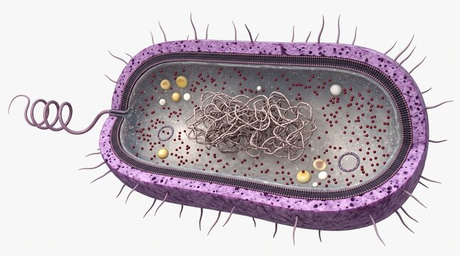 3D cross-section of bacterial cell with internal organelles and external flagella