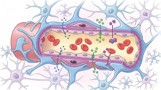 Blood-brain barrier microscopic illustration with neurons and red blood cells