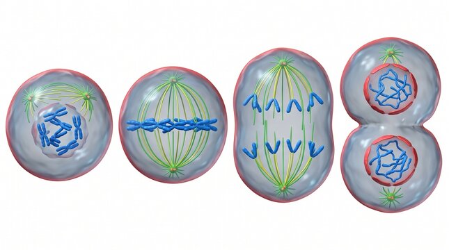 Cell division stages showing mitosis phases in a 3D scientific diagram