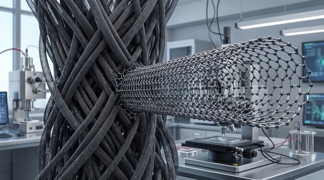 Carbon nanotubes atomic lattice structure in futuristic lab setting with copy space