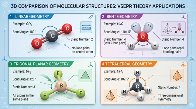 VSEPR theory molecular geometry comparison diagram for educational and scientific presentations