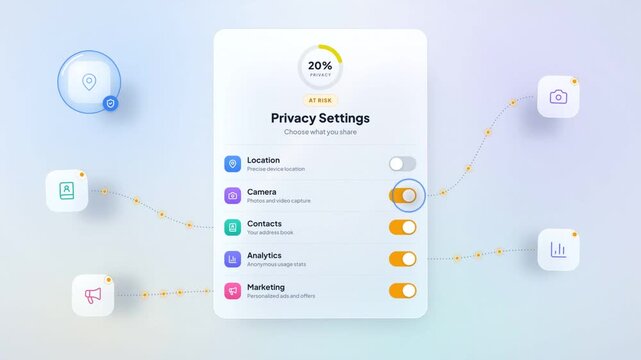 Privacy settings toggles switched off to stop data sharing while protection meter rises to 100 percent