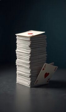 Ace of hearts leans on a tall stack of playing cards. Concept of financial news headers, economics blogs, risk management reports, real estate market commentary, and investor newsletters.