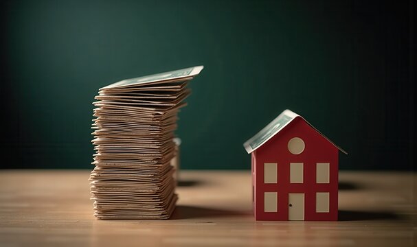 Stack of cards stands beside a small red toy house. Concept of risk management reports, real estate market commentary, investor newsletters, financial news headers, and economics blogs.