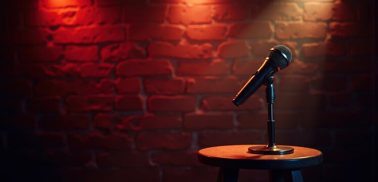 Microphone and stool stand against a red brick wall. Concept of open mic night flyers, comedy club posters, bar, cafe event promotions, podcast covers, and music venue websites.
