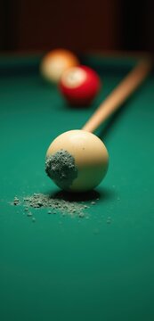 Chalked cue tip rests at the cue ball. Concept of sports bars, business strategy presentations, focus, productivity blogs, pool hall promotions, coaching, and mentoring pages.