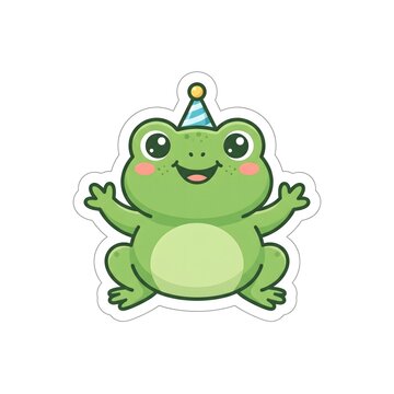 Happy frog with party crown sticker, cute vector illustration