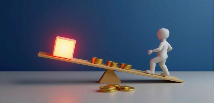 Figure walks up a seesaw toward a glowing red block over coins. Concept of insurance explainers, financial advisory pages, business school slides, and risk management consultancies.