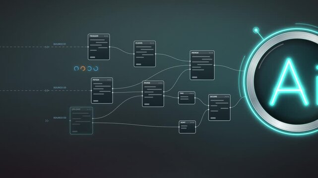 AI agent workflow automation, magnifying glass reveals glowing AI as pipeline nodes connect to robot and code
