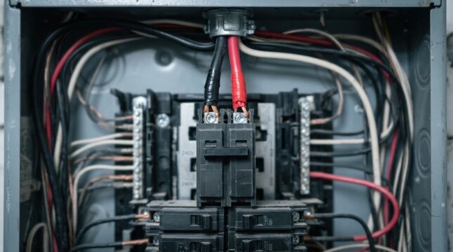 Newly added double-pole circuit breaker for EV charger installation with color-coded wiring in a home panel