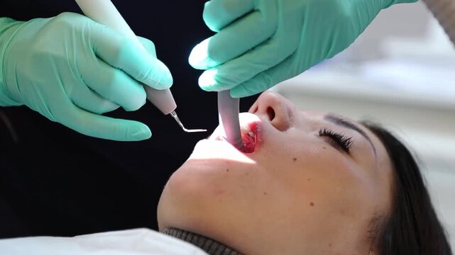 One young Caucasian unrecognizable female dentist in green gloves cleaning oral cavity from liquid after cleaning tartar with special instruments to girl patient, close-up side view. Concept of gum an