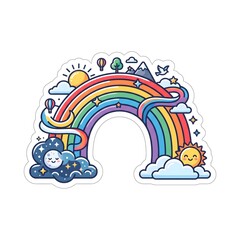 Fototapeta premium Whimsical rainbow with sun clouds and stars sticker, flat vector illustration