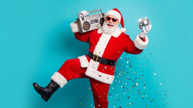 Portrait of his he nice cool fat cheerful cheery glad excited ecstatic overjoyed crazy carefree bearded Santa carrying tape player dancing having fun isolated on blue turquoise pastel color background