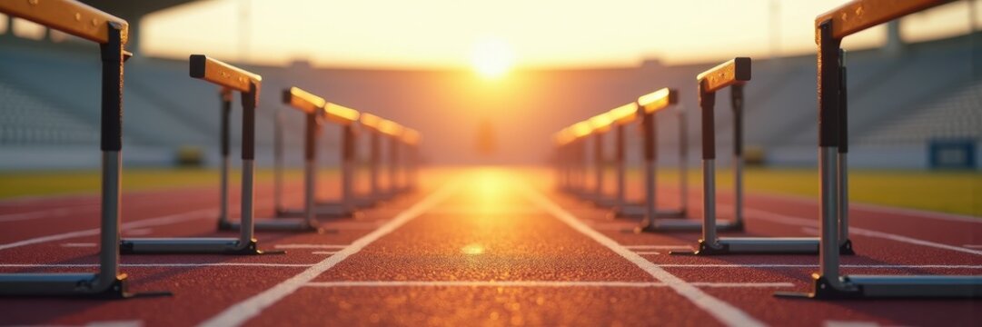 Two rows of hurdles run toward a sunset over the stadium. Concept of business presentations about challenges, school sports day posters, motivational blog headers, and athletics club websites.