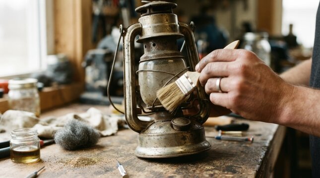 Craftsman Cleaning Antique Kerosene Lantern with Brush in Restoration Workshop