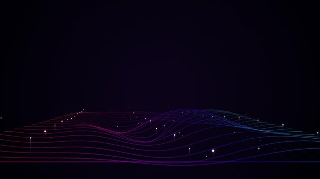 Futuristic digital wireframe landscape with colorful glowing wave lines and floating data particles