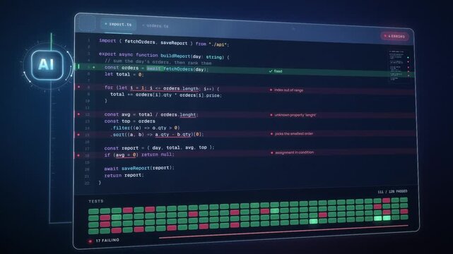 Debugging code with AI assistant, errors are fixed line by line as failing tests turn green and all pass