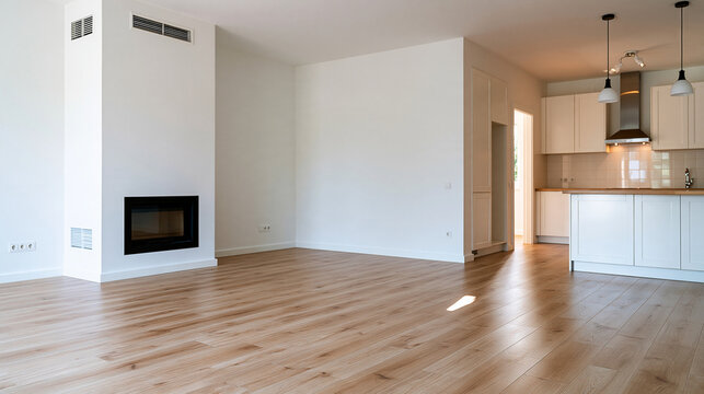 New and empty house interior with white walls, a fireplace and kitchen countertop, freshly completed and ready to move in, with copy space