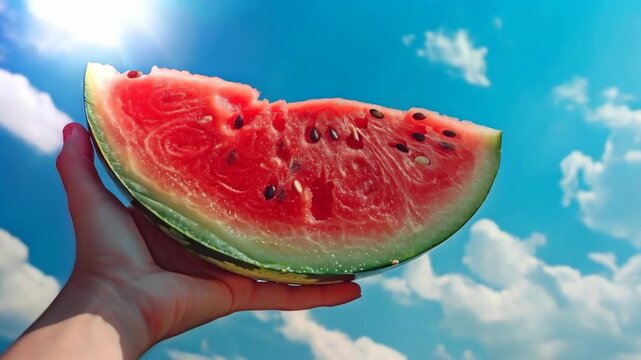 Hand holding a slice of fresh watermelon against a blue sky