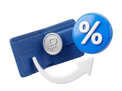 3d render of a blue wallet with a russian ruble coin and a percentage sign icon, isolated on transparent background