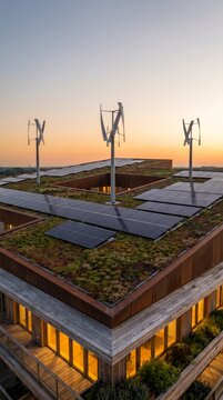 Rooftop wind turbines and solar panels over green roof of timber building powering renewable energy