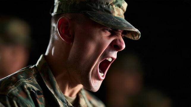 Faceless angry military drill sergeant yelling loudly, intense army commander shouting at trainees during boot camp, aggressive leadership training concept, with copy space