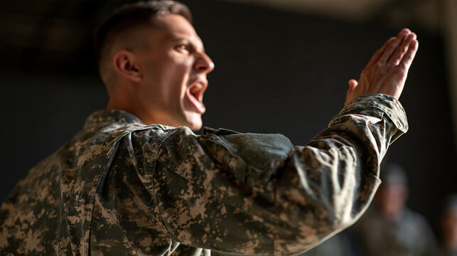 Faceless angry military drill sergeant yelling loudly, intense army commander shouting at trainees during boot camp, aggressive leadership training concept, with copy space