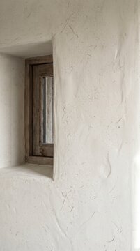 Natural lime plaster wall with handmade texture and oak window in low carbon earth architecture