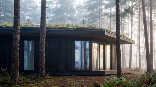 Dark timber cabin with living green roof nestled among pine trees in low impact forest architecture