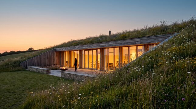 Earth sheltered house with wildflower green roof glowing at dusk in harmony with the landscape