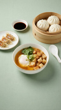 Chinese garlic and egg soup served with pan-fried gyoza, steamed bao buns, and soy sauce