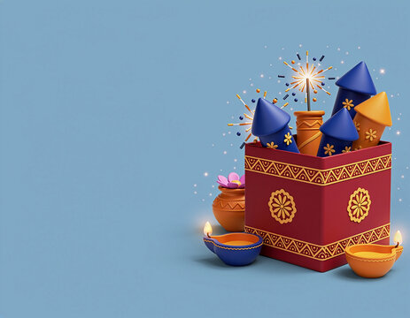 Diwali Celebration Box With Colorful Firecrackers, Sparklers and Traditional Diyas on Blue Background