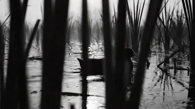 Black and white shot of a coot swimming in marshland amongst reeds with the rising sun