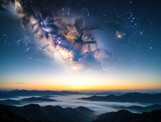 Obraz premium Breathtaking sunrise over misty mountain range with Milky Way galaxy above. Stars, nebula glow in dark night sky over foggy forest hills. Golden dawn light meets cosmic space view during morning