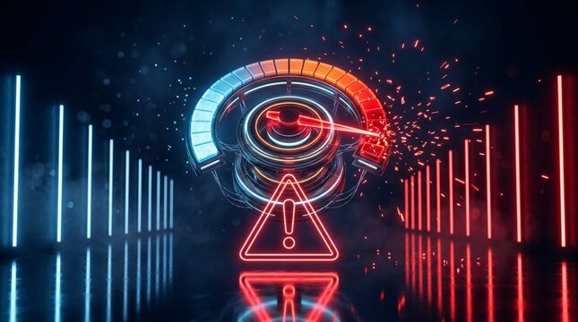 Digital glowing speedometer needle hitting max limit and breaking with warning sign symbolizing overload technology and system crash"