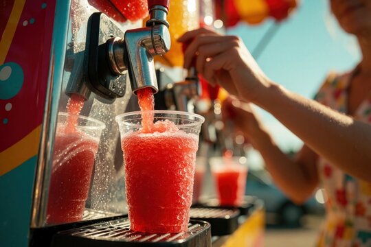 Red slushy drink pours from colorful machine into clear plastic cup. Hand pulls lever on beverage dispenser at summer carnival. Icy juicy fruit refreshment fills cups at outdoor festival. Sweet
