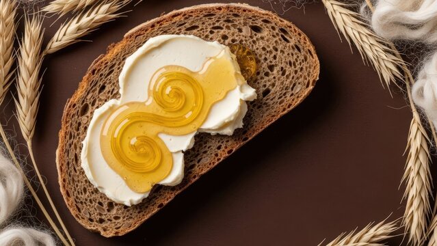 A slice of dense rye bread with cultured butter and honey gel, featuring a dried rye husk and wool edge against a rye-brown background with vast copy space.