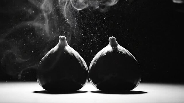 Dramatic black and white close up of two figs with a hand and dust adding to the ambiance