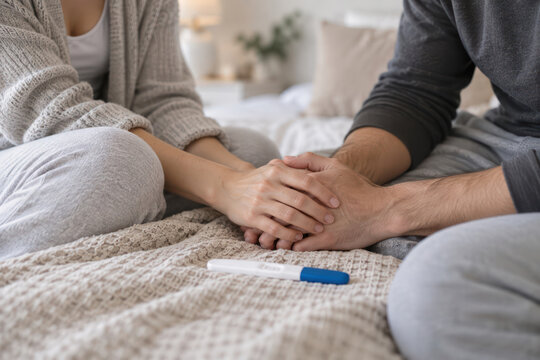 Couple holding hands beside pregnancy test during fertility journey