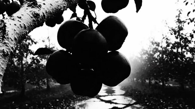 Black and White Cinematic Orchard View with Suspended Apples and Mysterious Misty Path Leading Towards an Unknown Destination