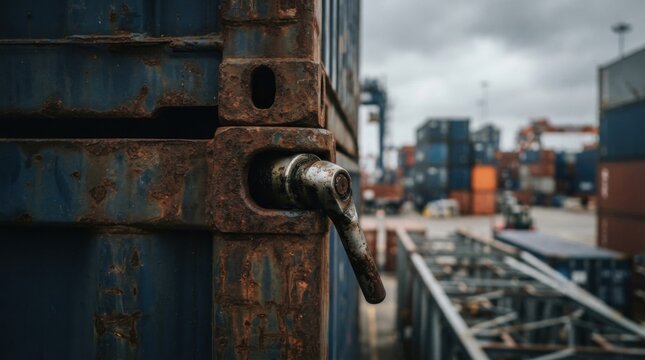 Weathered rusted shipping container corner casting with twist lock fitting engaged among blurred container stacks at port