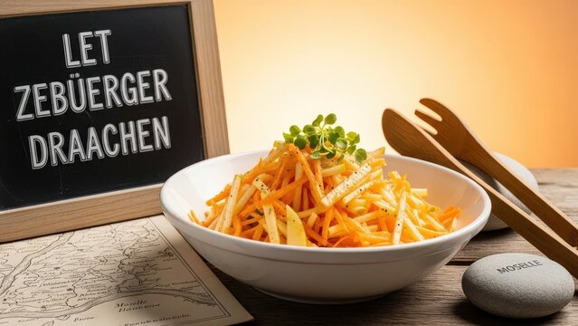 L&euml;tzebuerger Draachen Luxembourgish Carrot and Apple Salad with Mint on Orange Background