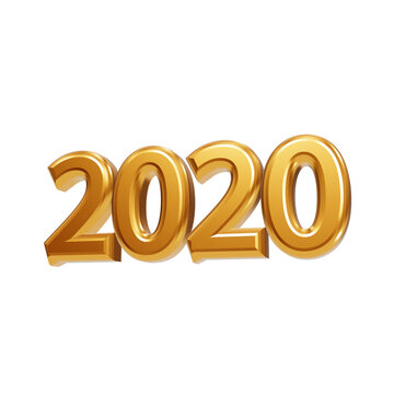 Golden yellow 3D numbers forming the year 2020 with polished reflective surfaces on black background isolated on a transparent background