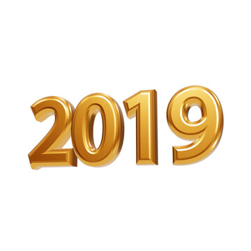 Polished gold 3D numerals displaying the year 2019 with glossy reflective finish on dark background number isolated on a transparent background
