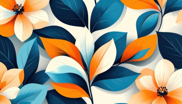 Floral pattern background botanical design with orange flowers and blue leaves for textile print and interior decoration wallpaper Modern artistic illustration organic foliage and blooming elements